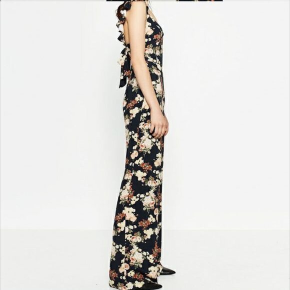 Zara  Floral Jumpsuit Ruffle Shoulder Tie Back Wide Leg Floral Print, S, Multi - Picture 1 of 12